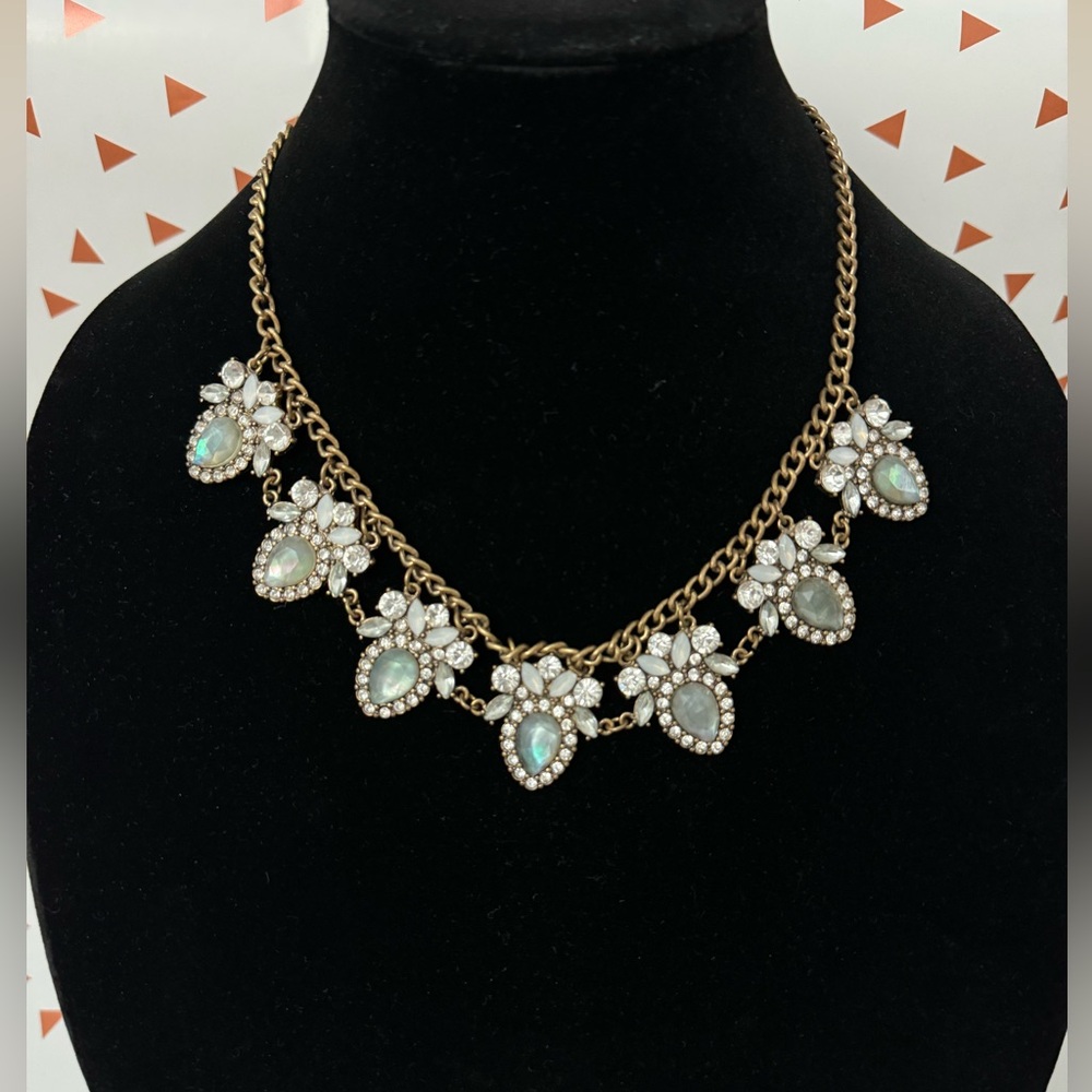 Charming Charlie Antique Gold Rhinestone Aqua Stones Faux Diamonds Necklace